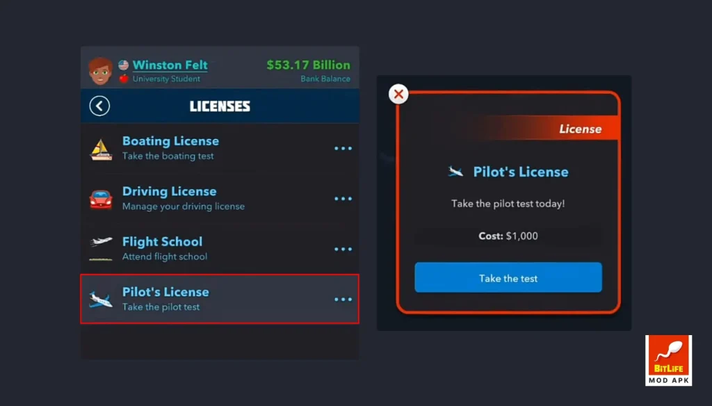Pilot license for become astronaut in Bitlife